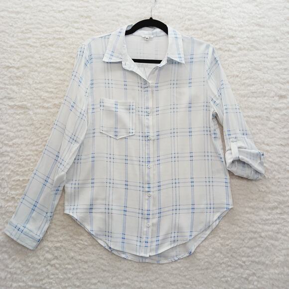 Blouse Size M Blue Plaid Office Siren Capsule Wardrobe Minimalist Long Sleeve - Picture 1 of 16